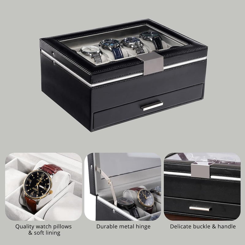 Procase Watch Case for Women, 10 Slot Watch Display Case with Drawer, 2-Layer Womens Watch Box, 10 Watch Box Organizer, Jewelry and Watch Holder Storage Case With Glass Lid -Black - Image 3